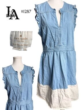 kate spade Light Blue and White Ruffle-Sleeve Denim Dress